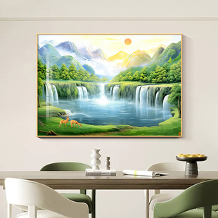 现代流水生财山水风景画餐厅背景墙装饰画旭日东升挂画聚宝盆壁画