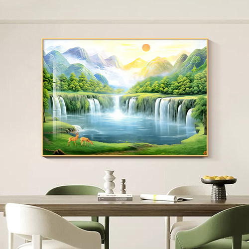 流水生财山水餐厅背景墙装饰画