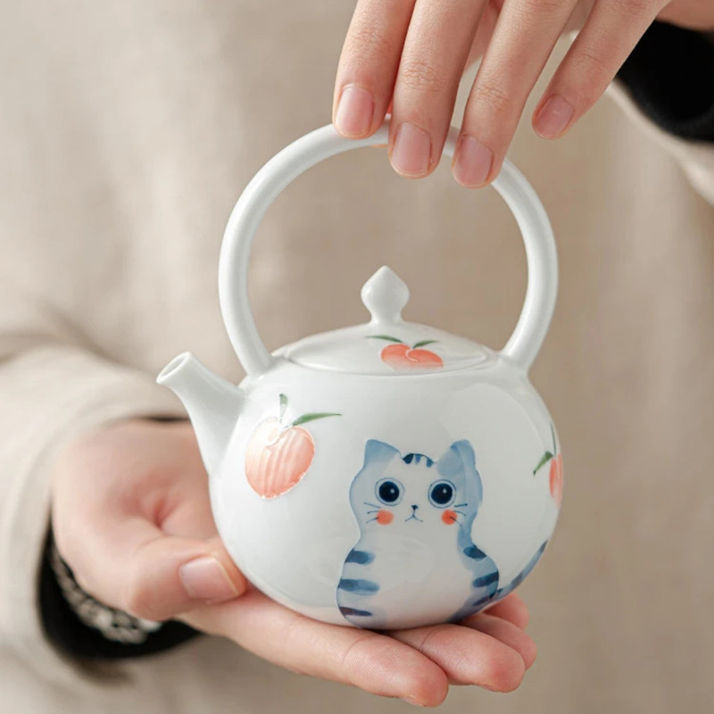 可爱立体纯手绘猫咪桃子茶壶茶杯家用一人饮小容量圆壶萌趣壶手工图片