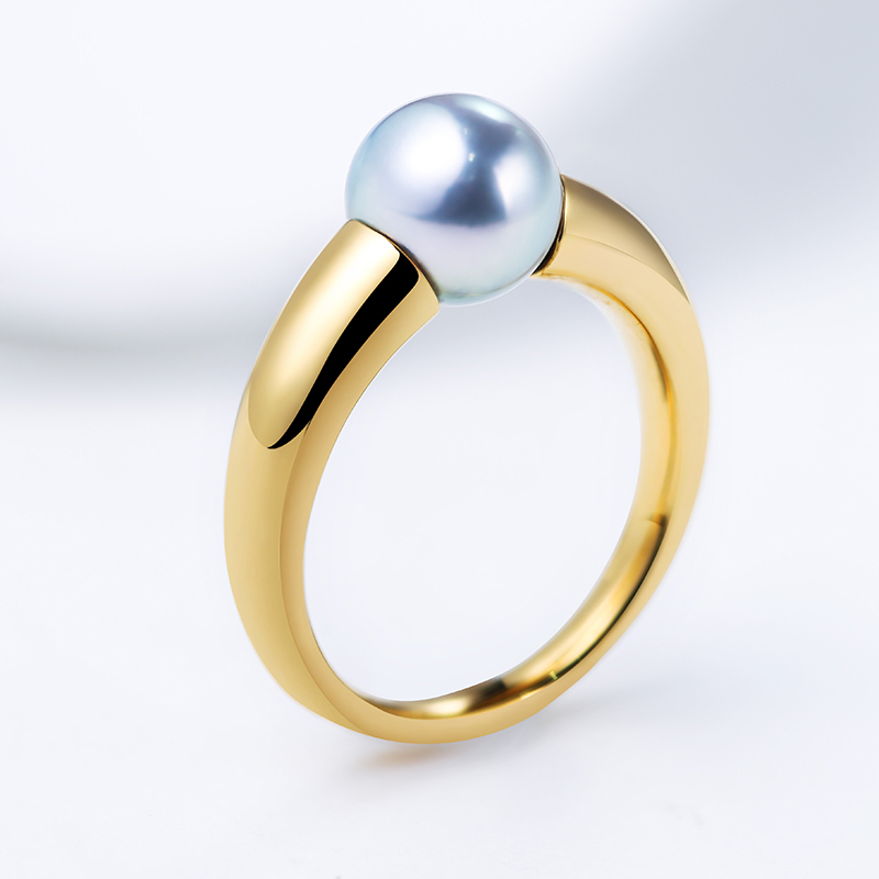 现货中古vintage戒指18K金akoya真多麻海水珍珠灰珠18K厚金牛角包