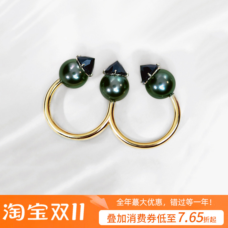 T家同款danger系列极光孔雀绿海水珍珠戒指18K金大溪地黑珍珠戒指