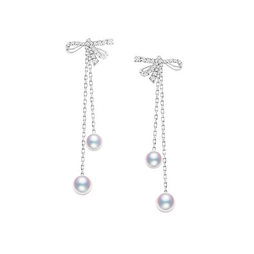 情人节新品蝴蝶结耳环18k金天女级天然akoya海水珍珠耳线钻石耳饰