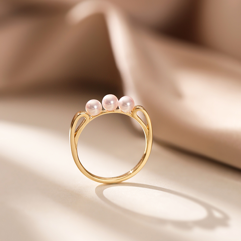 M家款18k金三珠迷你珍珠排戒天然akoya海水珍珠戒指轻奢女戒