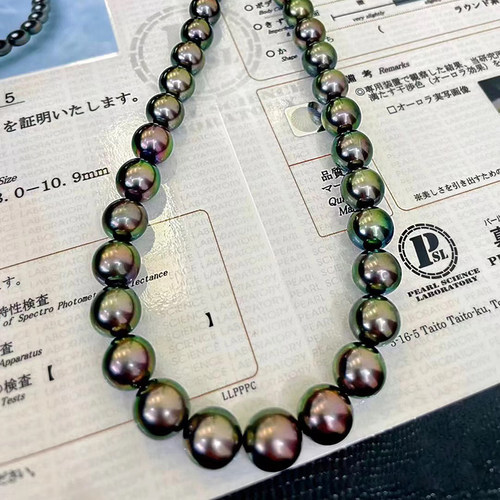 现货真科研大证孔雀绿大溪地黑珍珠项链南漂混彩海水珍珠链铂金灰