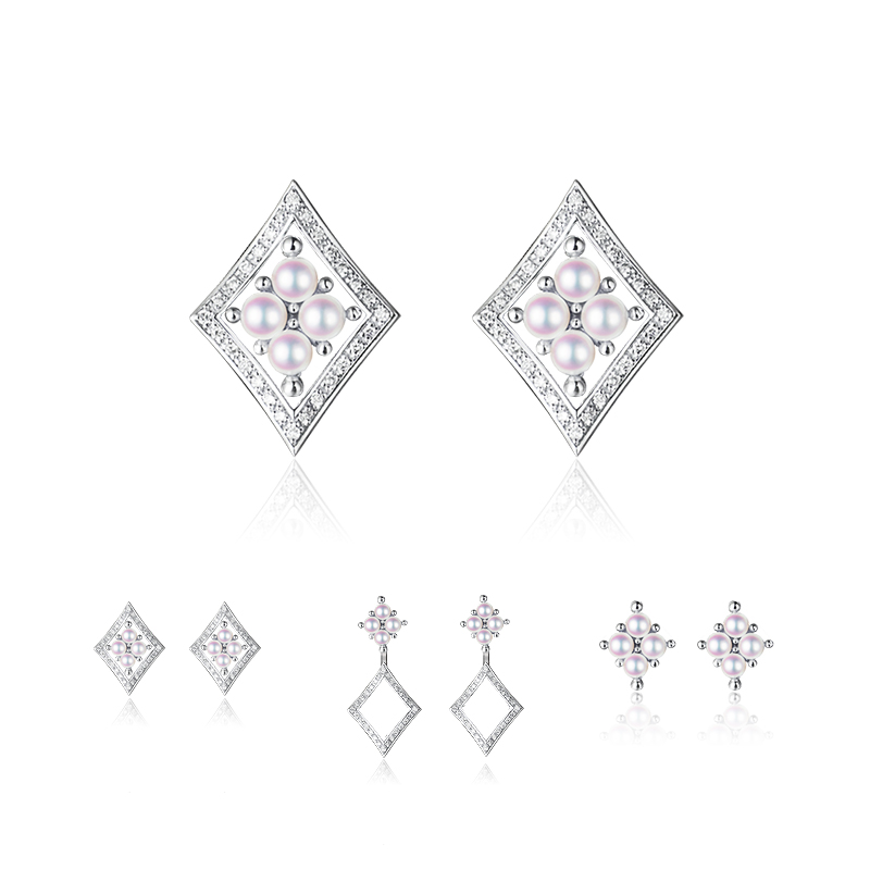 情人节新品菱形18k金天然akoya海水珍珠耳钉多用三用镶钻石耳环饰