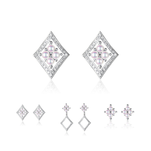 情人节新品 菱形18k金天然akoya海水珍珠耳钉多用三用镶钻石耳环饰