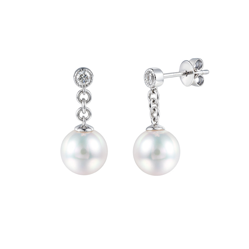 现货日本强光天女Akoya海水珍珠耳钉女18K金钻石耳环短款耳线气质