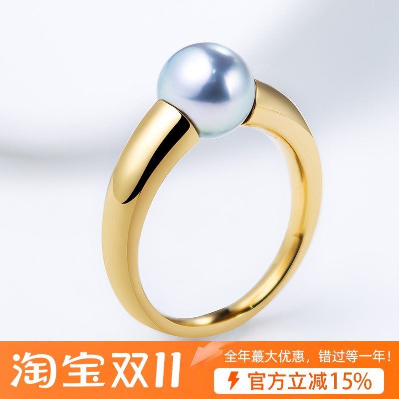 现货中古vintage戒指18K金akoya真多麻海水珍珠灰珠18K厚金牛角包