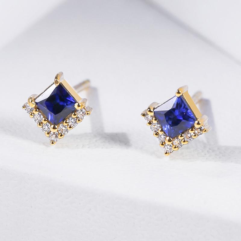 现货斯里兰卡天然蓝宝石耳钉18K金钻石耳环方形耳饰轻奢耳环高级