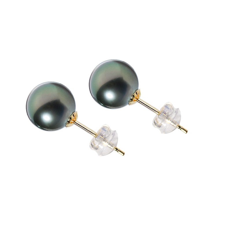 现货8-9-10mm大溪地天然海水黑珍珠耳钉18K黄金镶嵌强光耳环耳坠