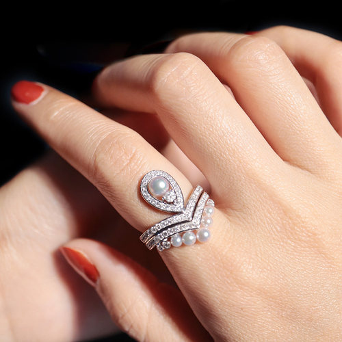 情人节礼物约瑟芬皇后加冕同款18k金水滴皇冠套V戒珍珠钻石戒指