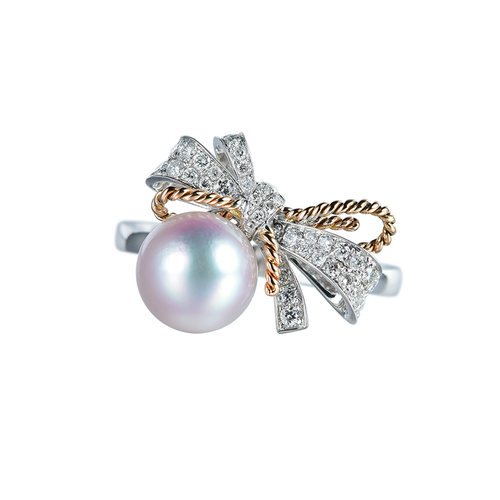 akoya珍珠女戒指环日本海水天然天女珍珠18K白金钻石蝴蝶结