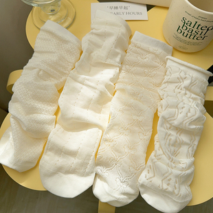 蕾丝透气夏天纯棉配小皮鞋 薄款 中筒长袜 白色袜子女堆堆袜夏季 新款