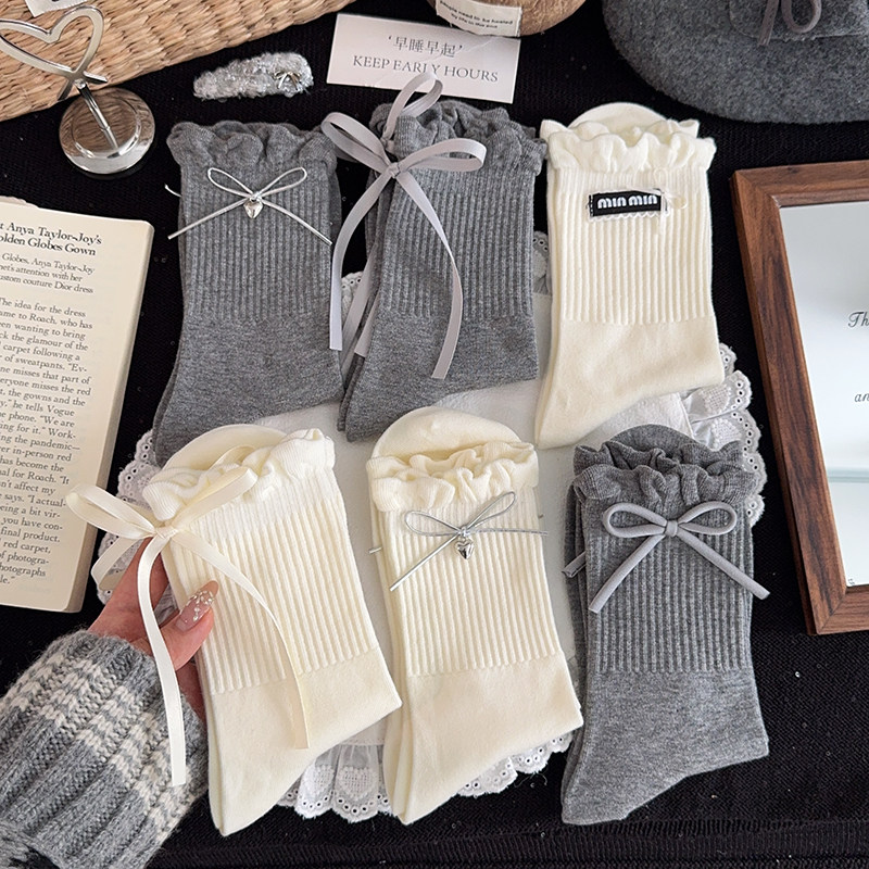 蝴蝶结袜子女中筒袜秋款