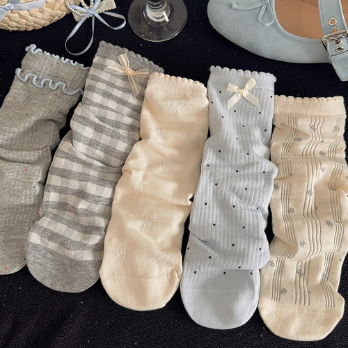 灰蓝色蝴蝶结无骨中筒袜