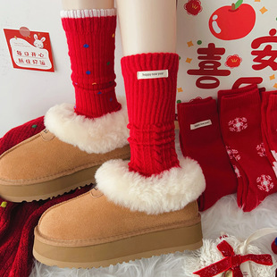 新年红袜子女堆堆袜本命年龙年红色纯棉中筒袜秋冬好运长筒袜长袜