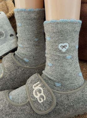 灰色刺绣花边蝴蝶结羊毛袜子女中筒袜秋冬季加绒加厚保暖冬天长袜