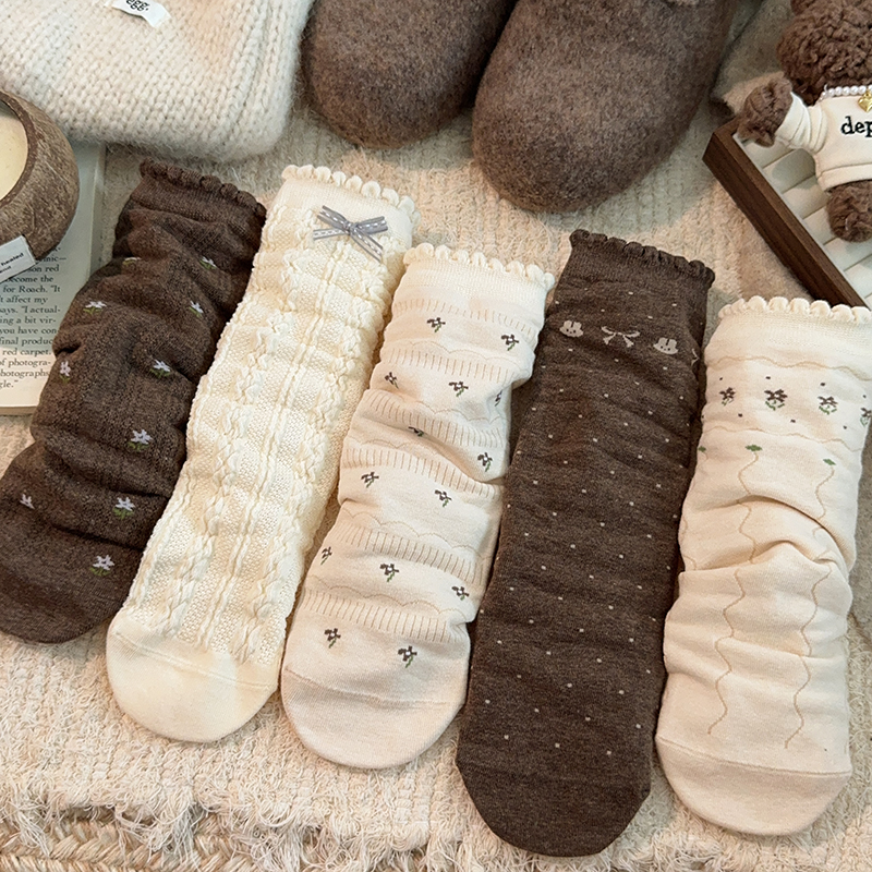 碎花蝴蝶结花边堆堆袜子女中筒袜春秋季棉袜复古日系女生长筒长袜