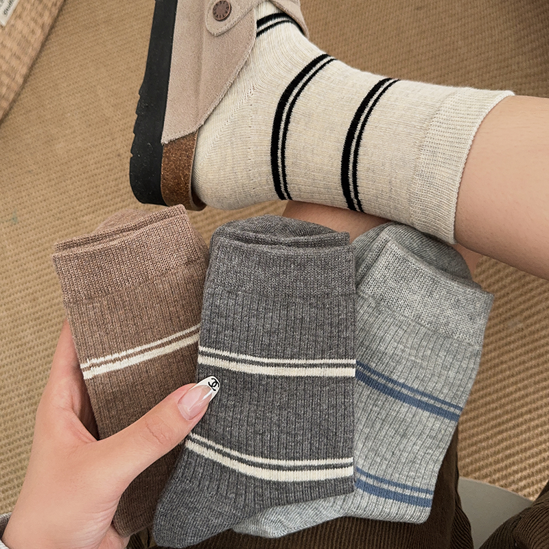 条纹袜子女纯棉春秋款复古堆堆袜