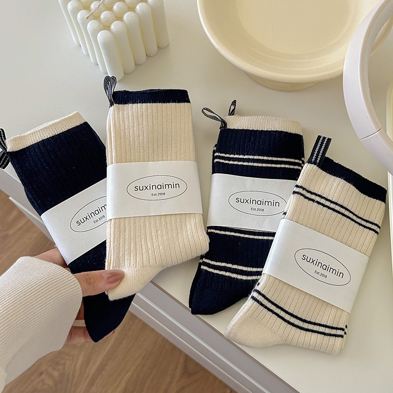 运动袜子女纯棉日系布标条纹长袜
