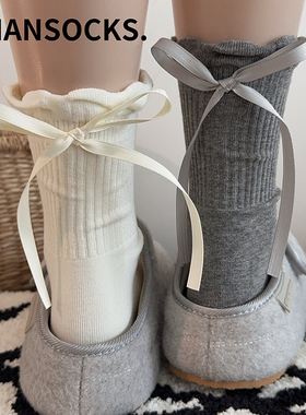 灰色蝴蝶结袜子女长袜春秋棉袜可爱jk日系花边中筒袜女生长筒长袜