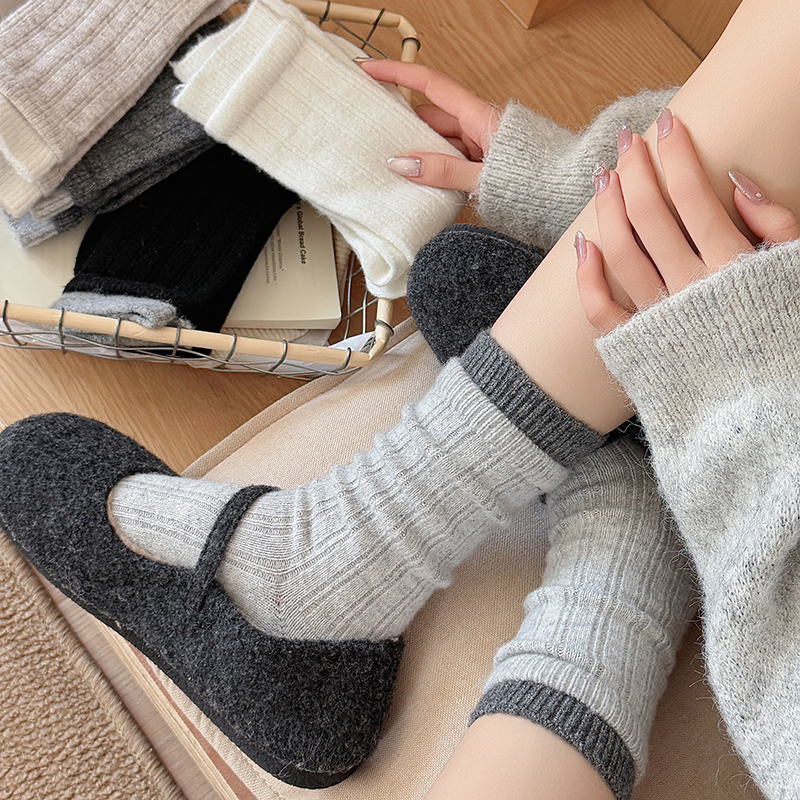 羊毛袜子女加厚双罗口中筒袜