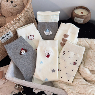 新款 白色袜子女长袜纯棉ins潮中筒袜可爱日系卡通无骨女生堆堆袜