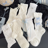 白色蝴蝶结袜子女中筒袜春夏季 棉袜芭蕾风花边堆堆袜女生长袜 薄款