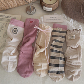 蝴蝶结袜子女中筒袜春秋款 棉袜爱心条纹布标堆堆袜女生ins潮长袜