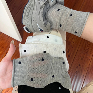 灰色波点堆堆袜子女夏季 纯棉中筒网眼透气卷边春秋芭蕾风长袜 薄款