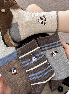 咖色小狗可爱袜子女中筒袜秋冬棉袜ins潮学院风女生卡通长筒长袜