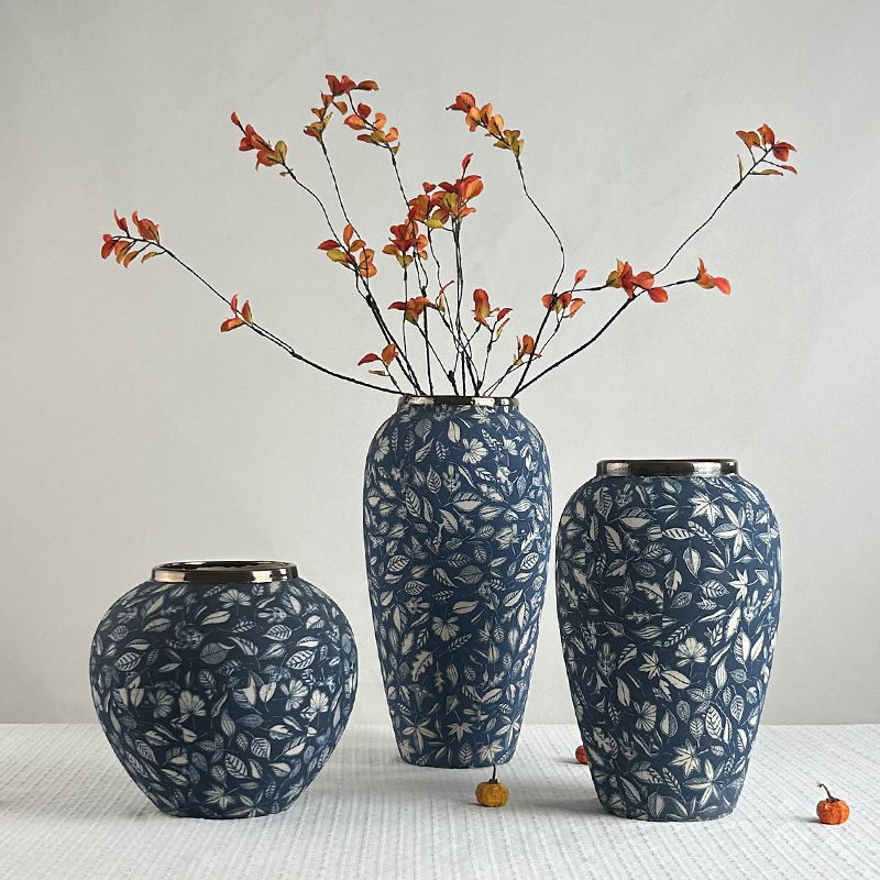 侘寂风复古青花瓷陶瓷插花瓶客厅茶室复古中式台面装饰艺术品摆件