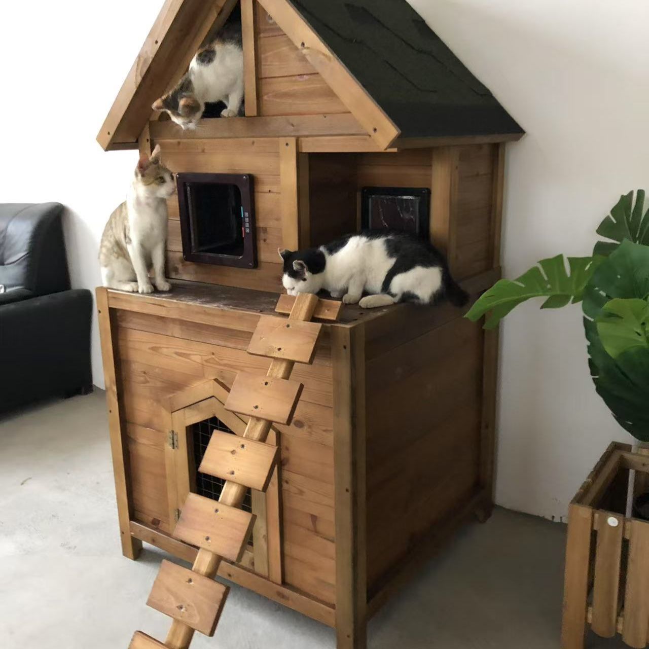 实木猫屋别墅户外猫窝狗窝组合一体抗寒保暖流浪猫屋狗屋防雨防寒