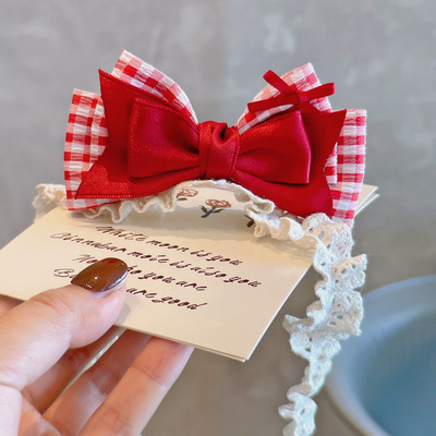 波比童话自创红色格子蝴蝶结婴儿护囟门发带宝宝发饰立体可爱头饰