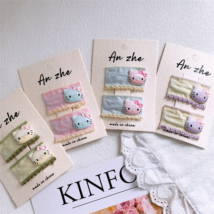 新款儿童可爱卡通猫咪布艺花边发夹小女孩侧边刘海夹碎发BB夹发卡