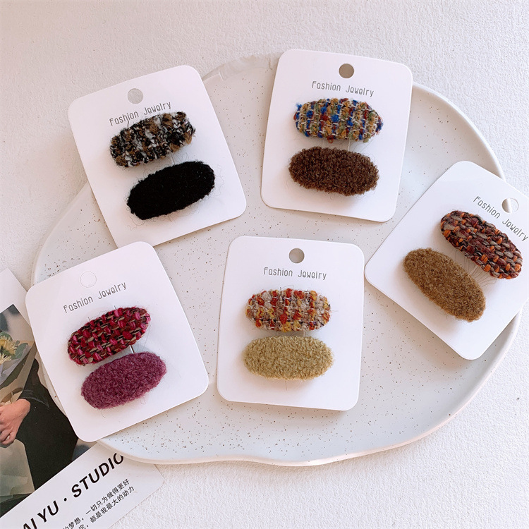 新款秋冬儿童彩色毛线格纹发夹少女刘海侧边夹子对装毛呢发卡头饰