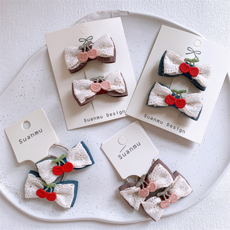 甜美儿童水果樱桃蝴蝶结发夹发圈小女孩侧边刘海夹扎头发皮筋头绳