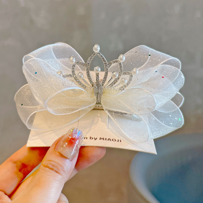 韩版新款皇冠儿童女童闪片亮粉蝴蝶结儿童皇冠发夹头饰网纱发饰品