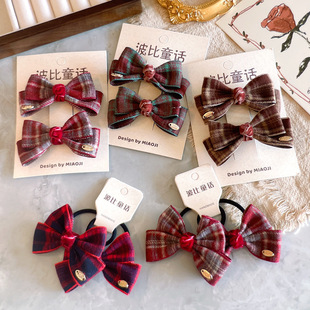韩版秋冬呢料英伦风格子蝴蝶结儿童发夹刘海对夹发饰头饰发圈发绳
