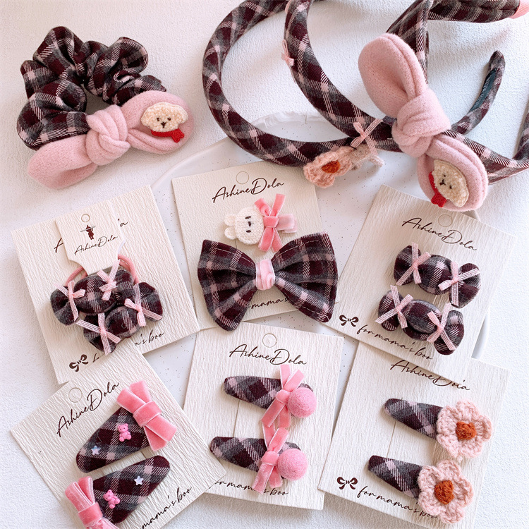 儿童粉咖系蝴蝶结格纹发夹头箍糖果发圈头绳女童侧边刘海碎发BB夹