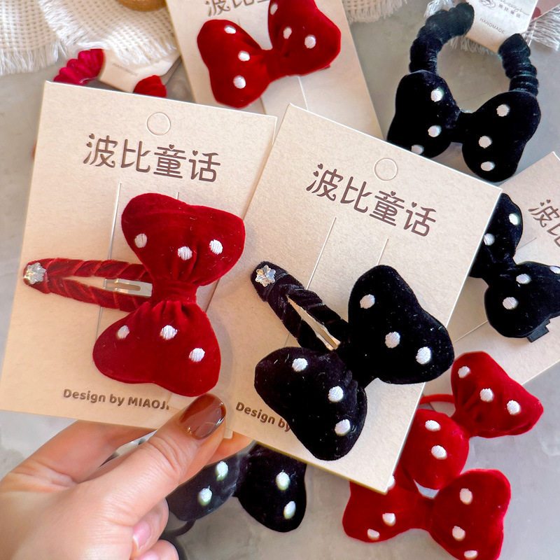 新款可爱波点丝绒米妮蝴蝶结儿童发夹 女童bb夹 宝宝发圈儿童发饰