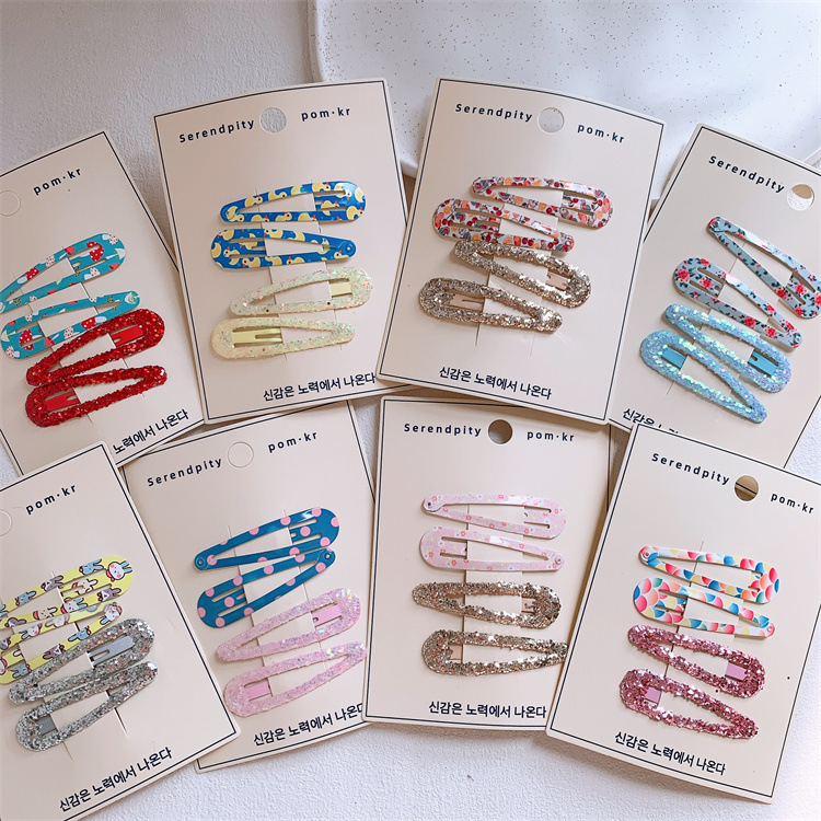 春款儿童印花水滴发夹侧边碎发刘海夹亮片BB夹简约少女边夹掰掰夹