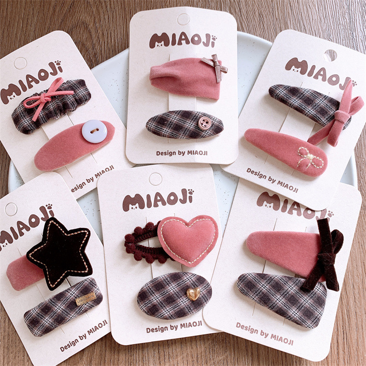 韩系甜美粉咖色儿童蝴蝶结格纹发夹小女孩侧边刘海夹宝宝碎发BB夹