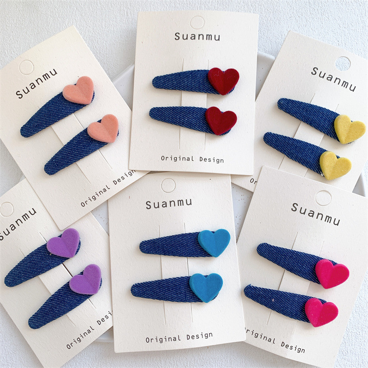 儿童爱心牛仔布艺水滴发夹甜美少女侧边刘海夹前额碎发夹bb夹发卡