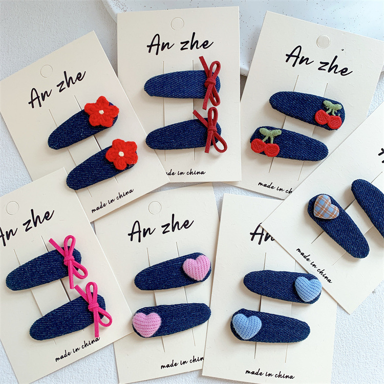 新款儿童蝴蝶结爱心牛仔布艺发夹甜美女童侧边刘海夹碎发BB夹发卡