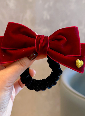 秋冬新年女童酒红植绒大蝴蝶结发夹爱心顶夹儿童发饰红色发卡马尾