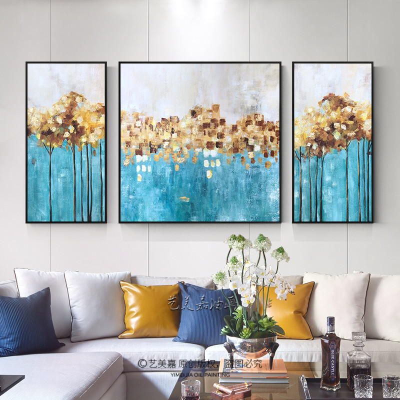 金箔色油画手绘简约客厅装饰画