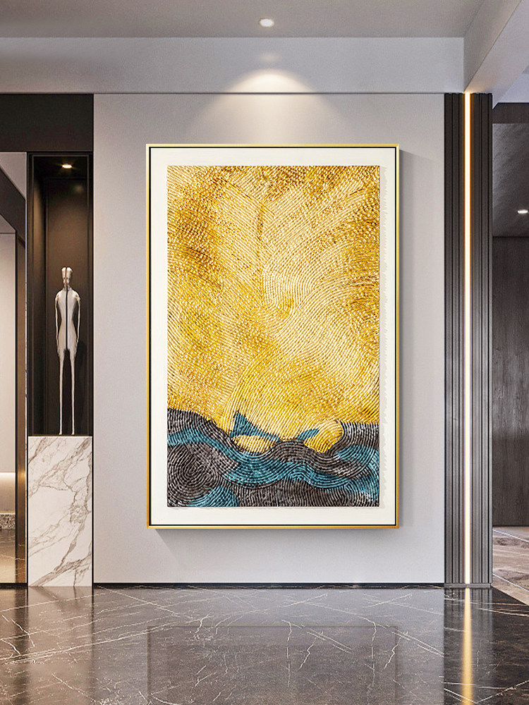 现代轻奢入户玄关装饰画高级感木雕工艺画走廊过道墙抽象金箔挂画