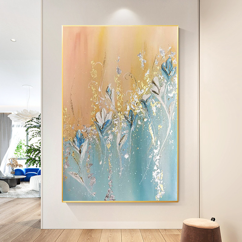 花卉油画金箔手绘简约现代轻奢北欧式入户玄关装饰走廊抽象竖挂壁