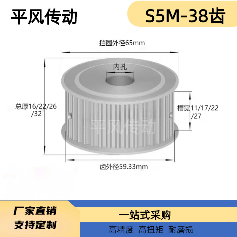 S5M38齿 两面平同步轮 槽宽22 AF型 同步皮带轮齿轮铝38S5M200-A